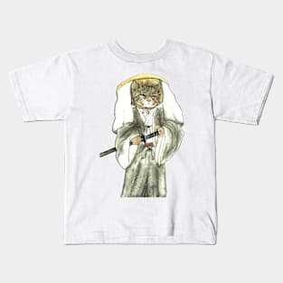 Samurai Cat with One Green Eye and One Yellow Eye Kids T-Shirt